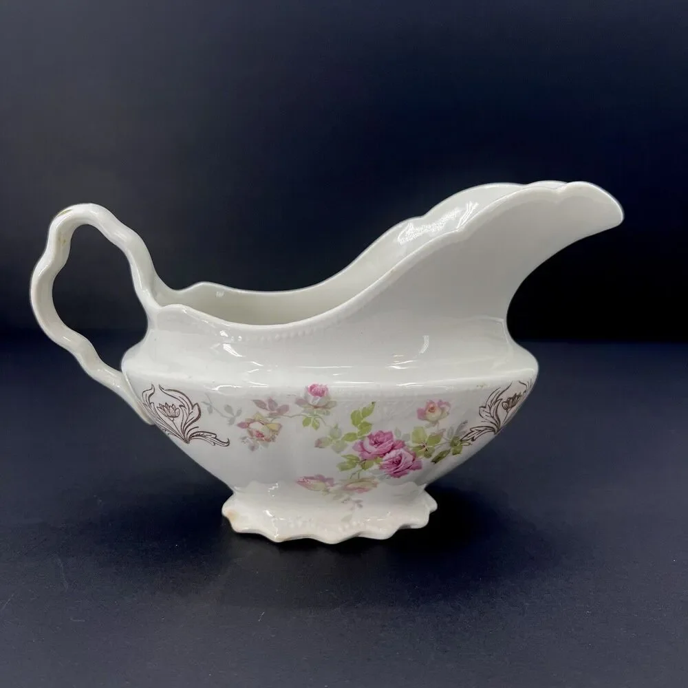 Antique 1900s Homer Laughlin The Angelus Rose Pattern Scalloped Gravy Sauce Boat - Picture 4 of 11